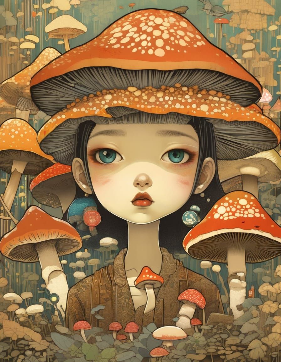 Vibrant Mushroom Scene in Japanese-Inspired Digital Art