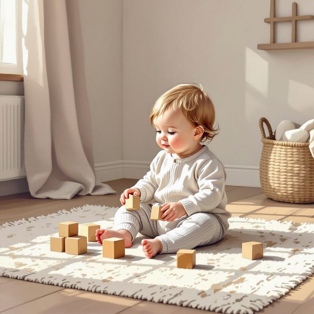 Baby Playing with Blocks in Watercolor Style