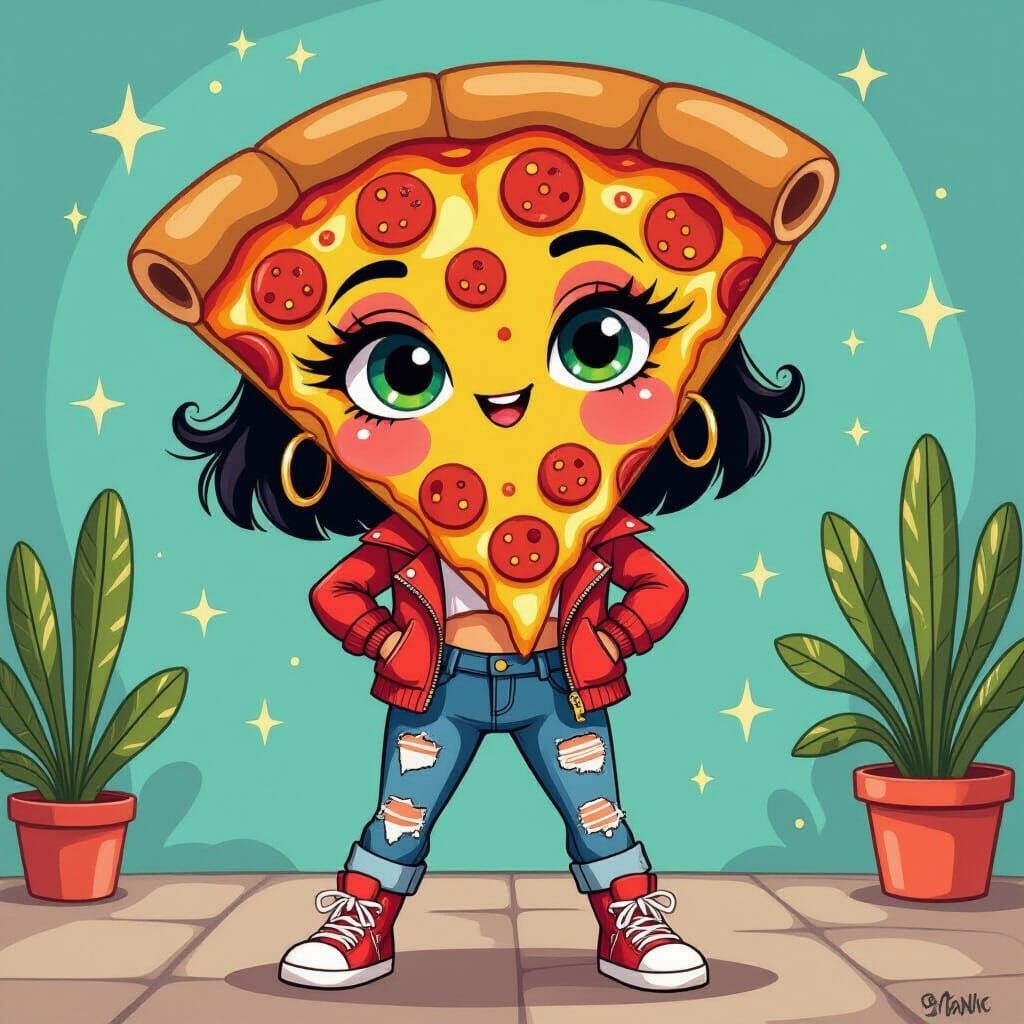 Cartoon Pizza Character in Lowbrow Art Style