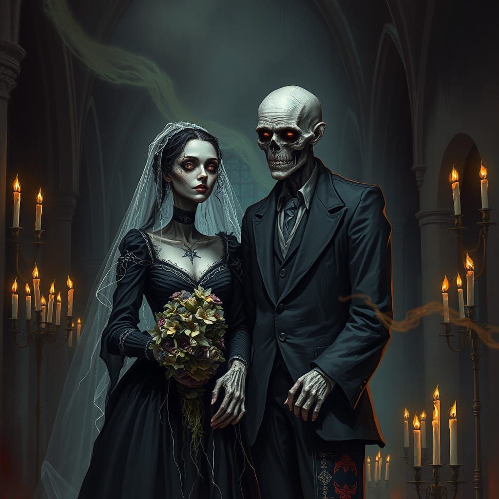 Macabre Bride and Undead Groom in Dark Gothic Cathedral