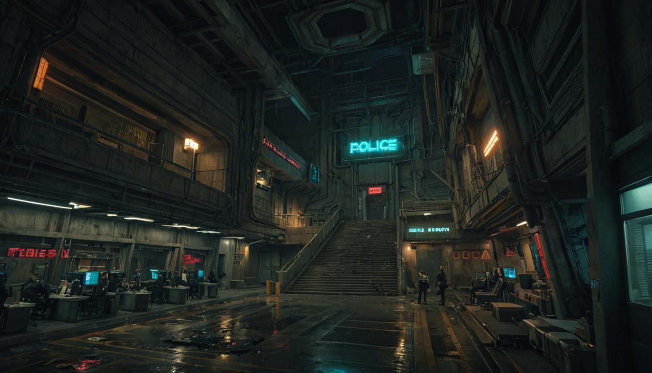 Cyberpunk Police Station in Dystopian Los Angeles