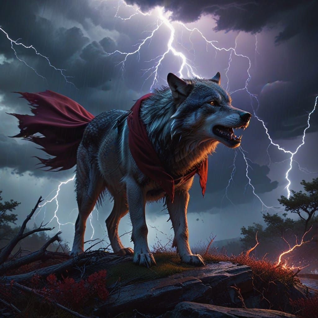 Epic Dark Fantasy Scene with Lightning Bolt Piercing a Wolf'...