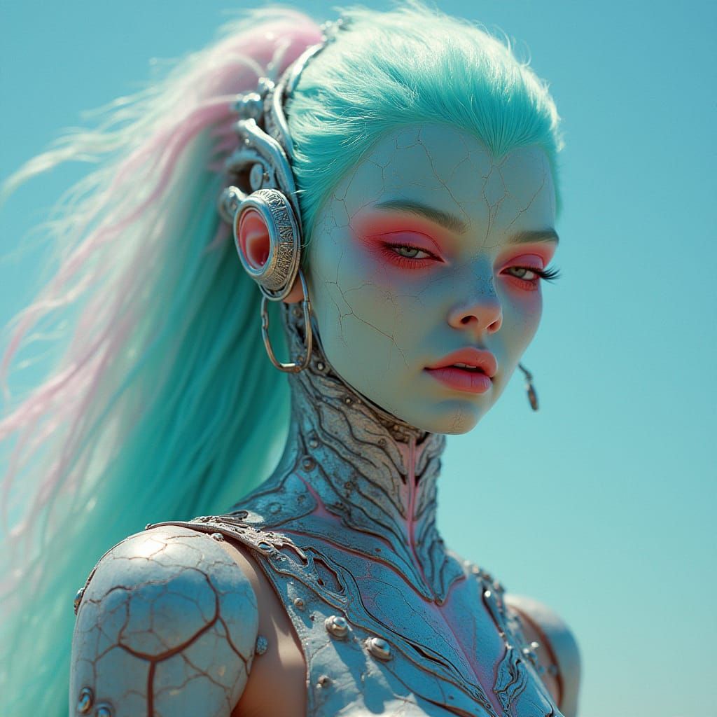 Alien Beauty in Neon-Lit Biomechanical Armor