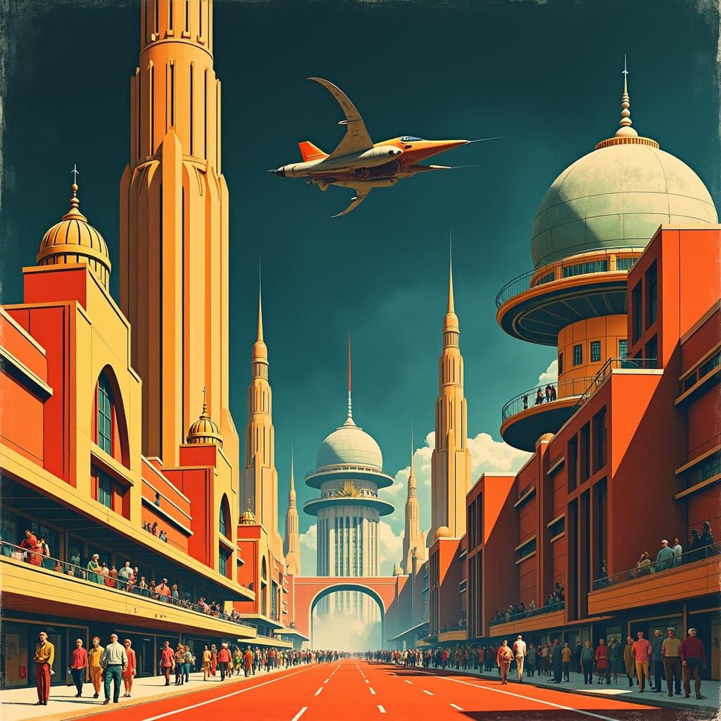 Retro-Futuristic Cityscape in 1940s Vector Style