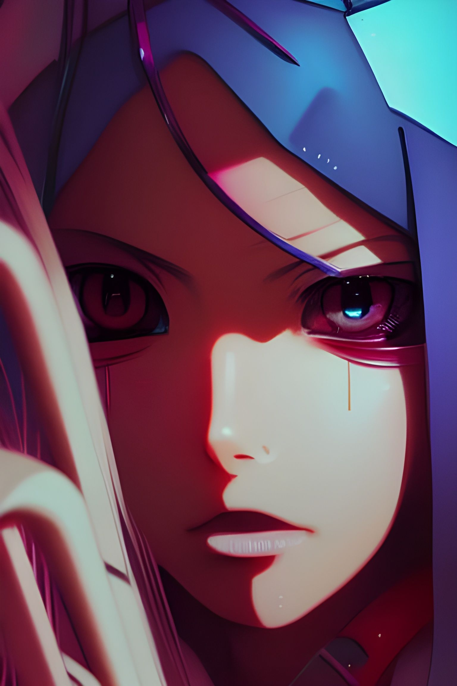 Cyberpunk Anime Girl with Rainbow Eyes in Neon City