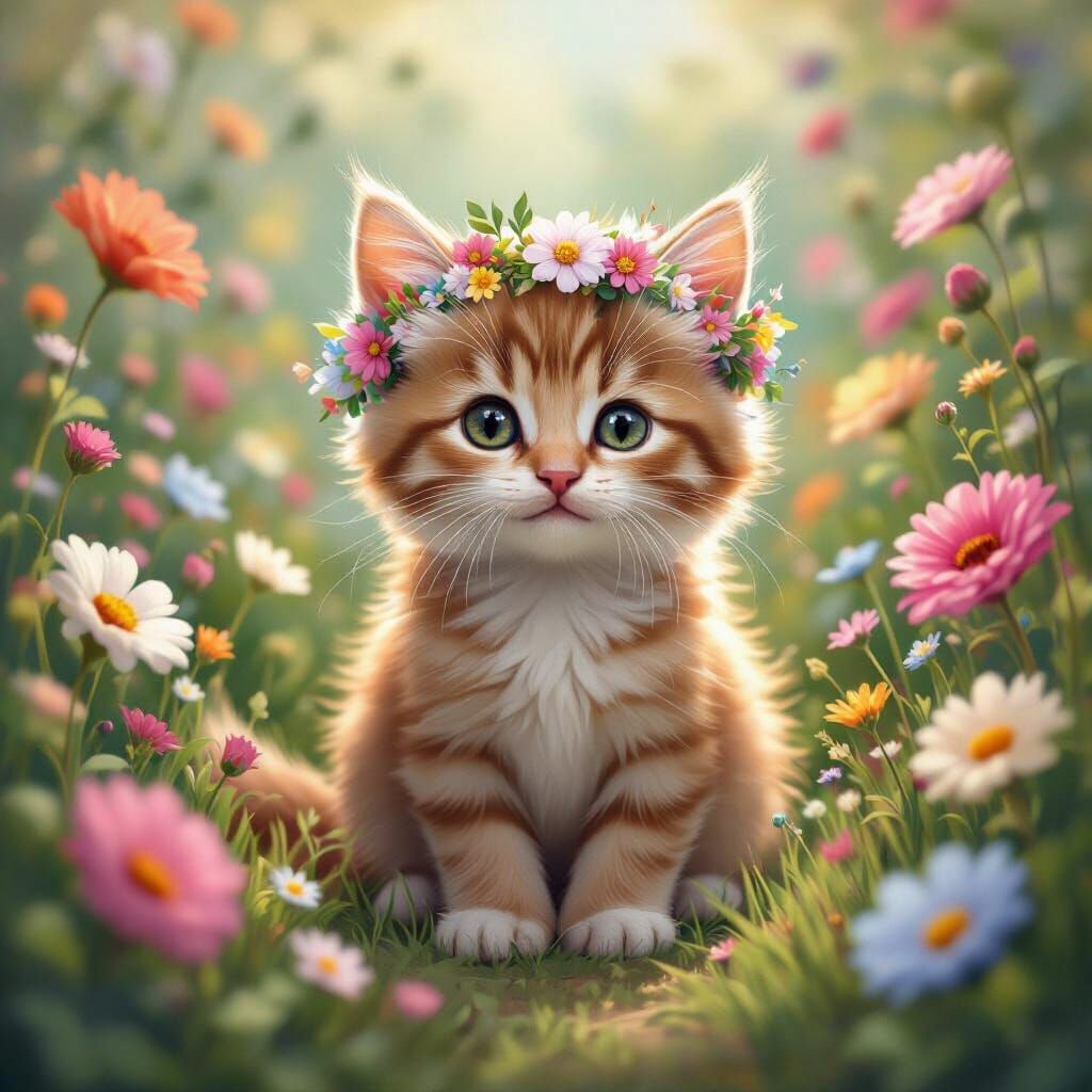 Kitten in Whimsical Garden, Fantasy Illustration