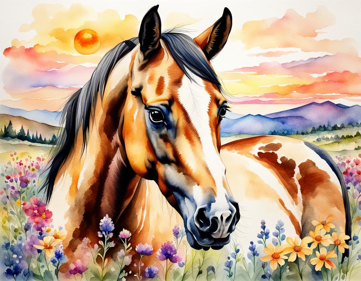 Watercolor Horse Portrait with Wildflowers at Sunset