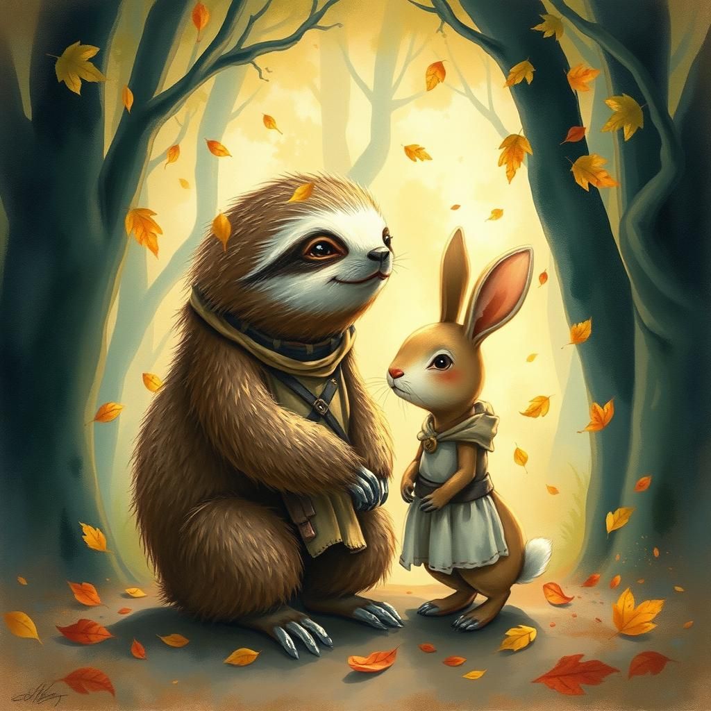 Sloth and Rabbit Friendship in Enchanted Forest