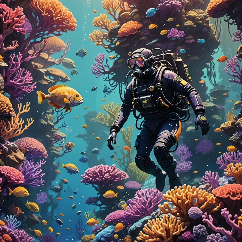 Scuba Diver in a Vibrant Underwater Fantasy World