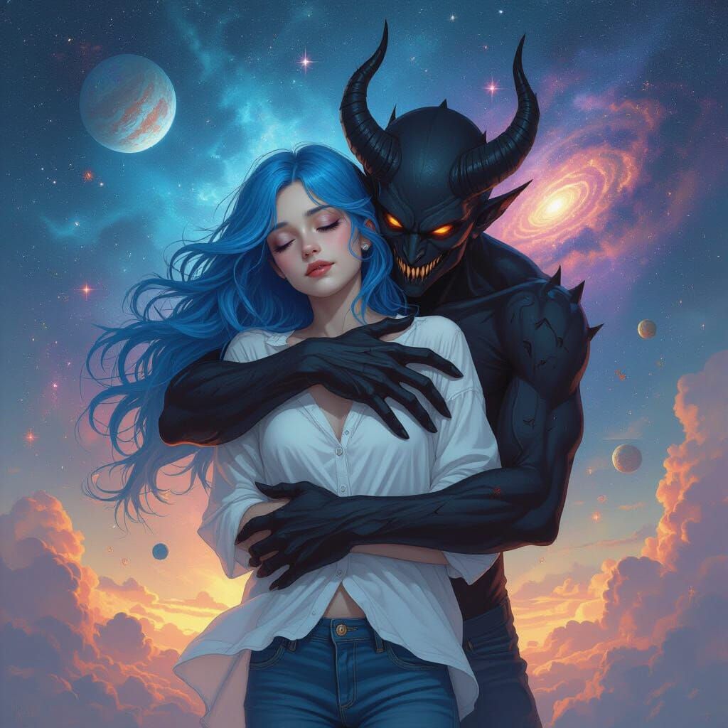 Transgender Girl Embraced by Demon in Galaxy