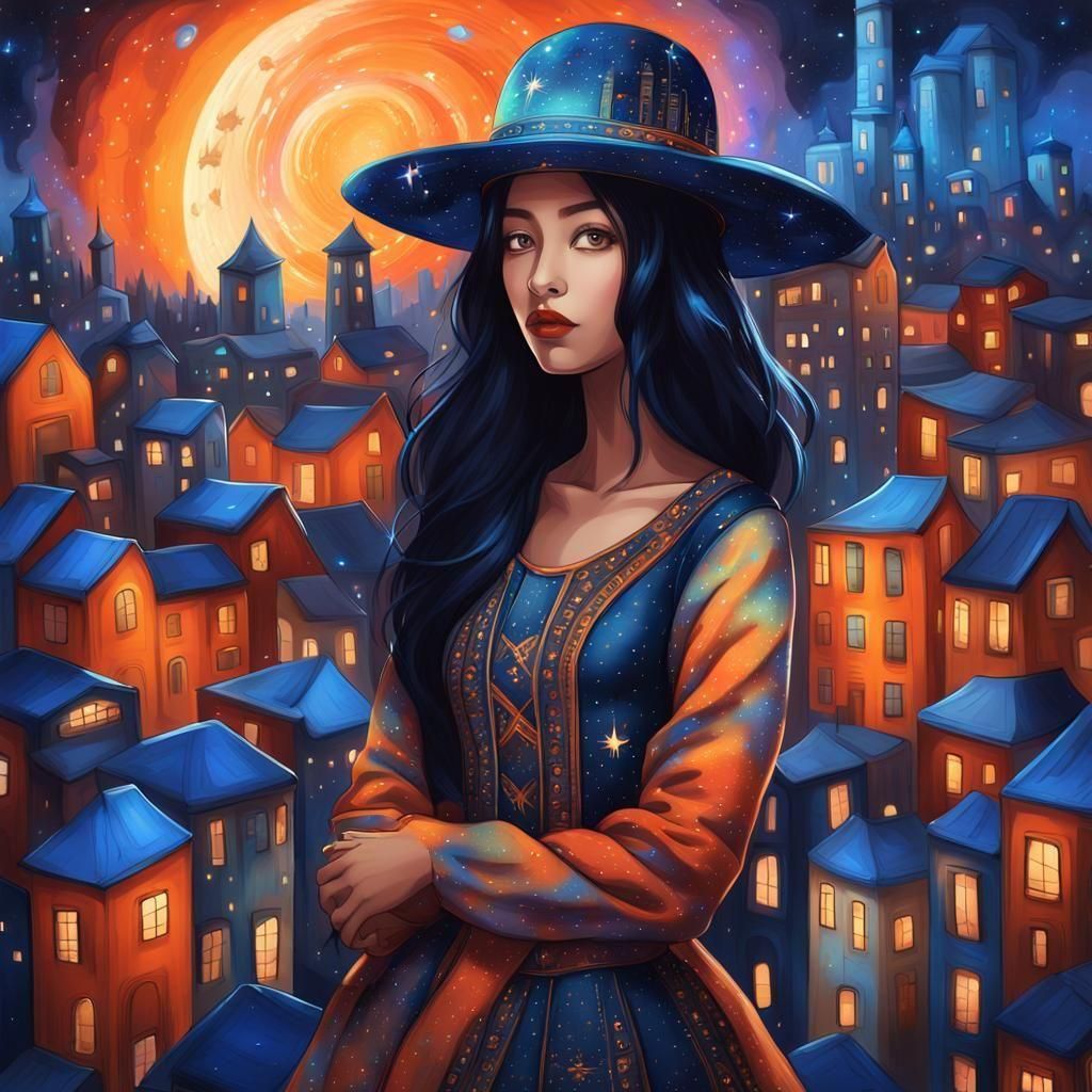 Girl with Galaxy Hair and Cityscape Hat