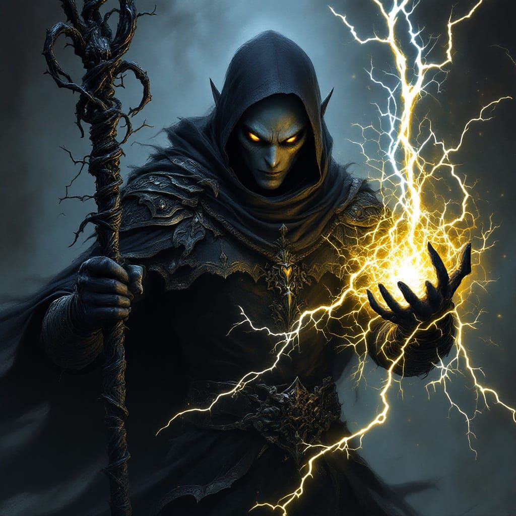 Dark Fantasy Warlock Casting Thunder Spell in Embroidered Ar...