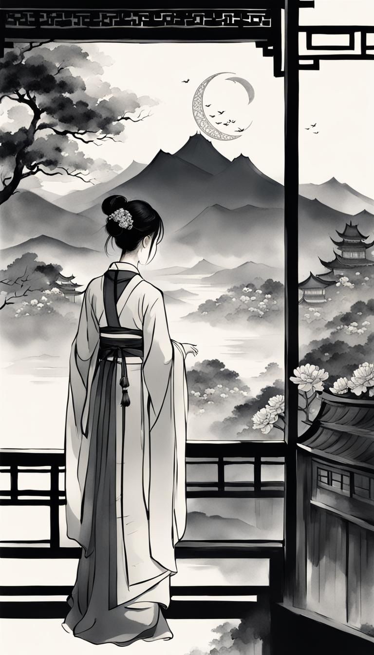 Girl in Hanfu Waiting Under Crescent Moon