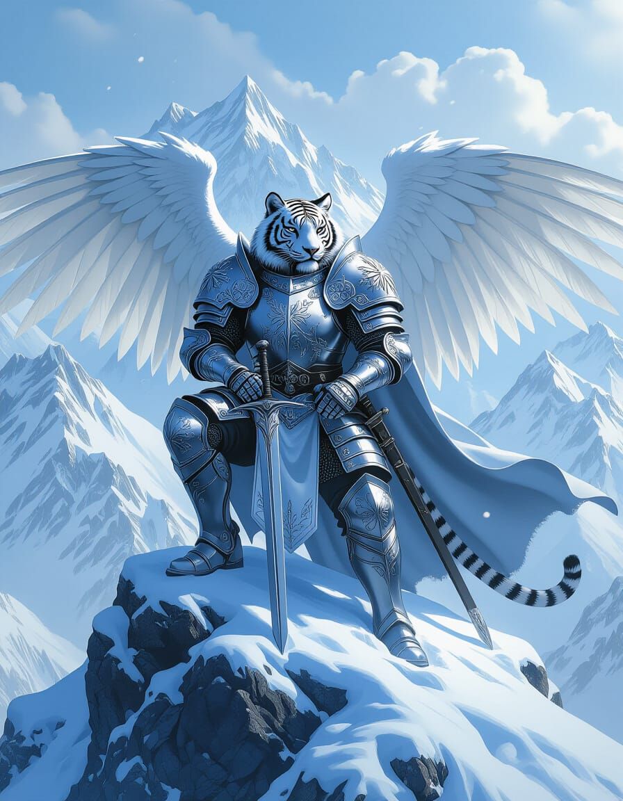 Majestic Tiger Knight Overlooking Winter Kingdom