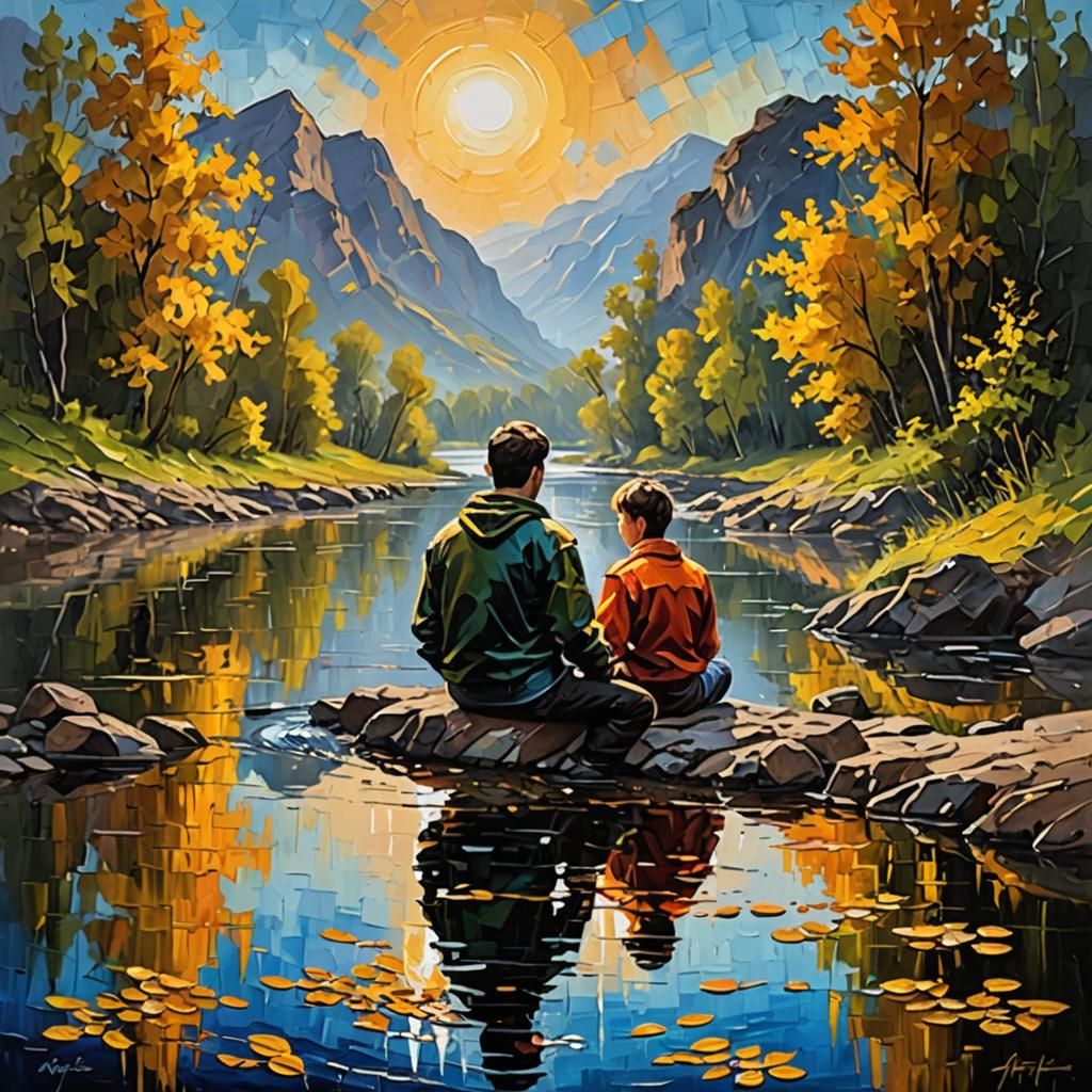Boy Reflecting by River: Impasto Oil Painting