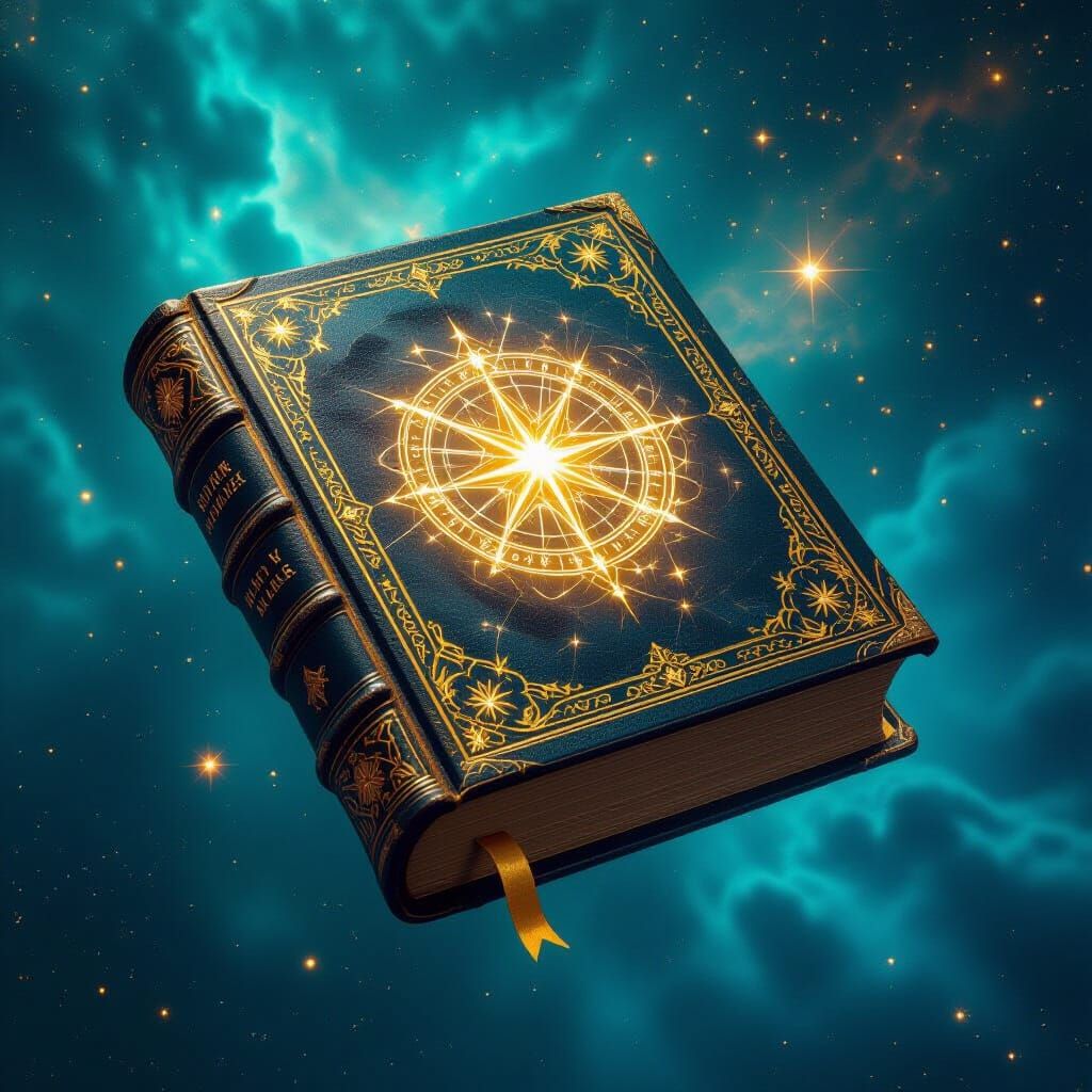 Celestial Book Floating in Turquoise Nebula