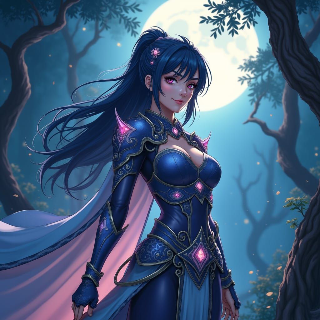 Anime Warrior Princess in Mystical Moonlit Forest