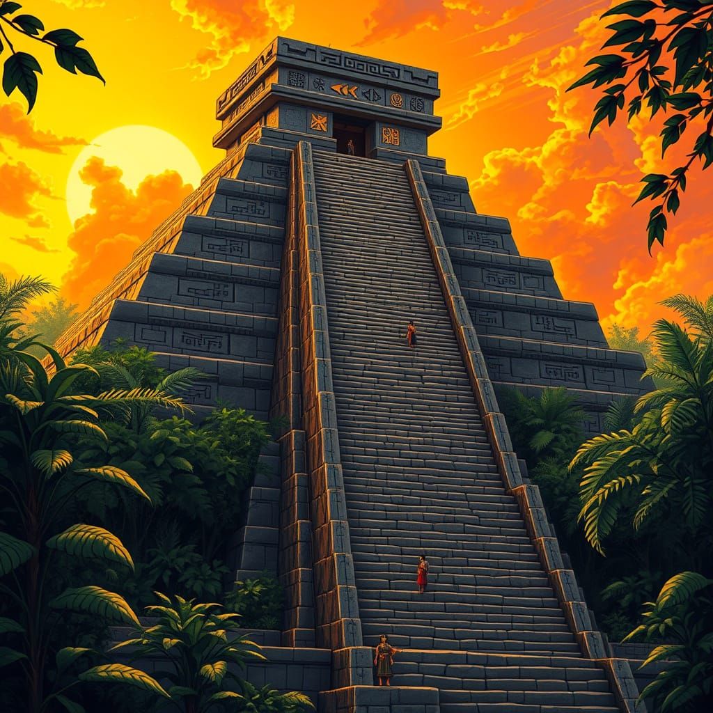 Majestic Mesoamerican Pyramid in Vibrant Jungle Setting