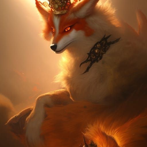 Crowned Kitsune on Throne: Dark Fantasy Concept Art