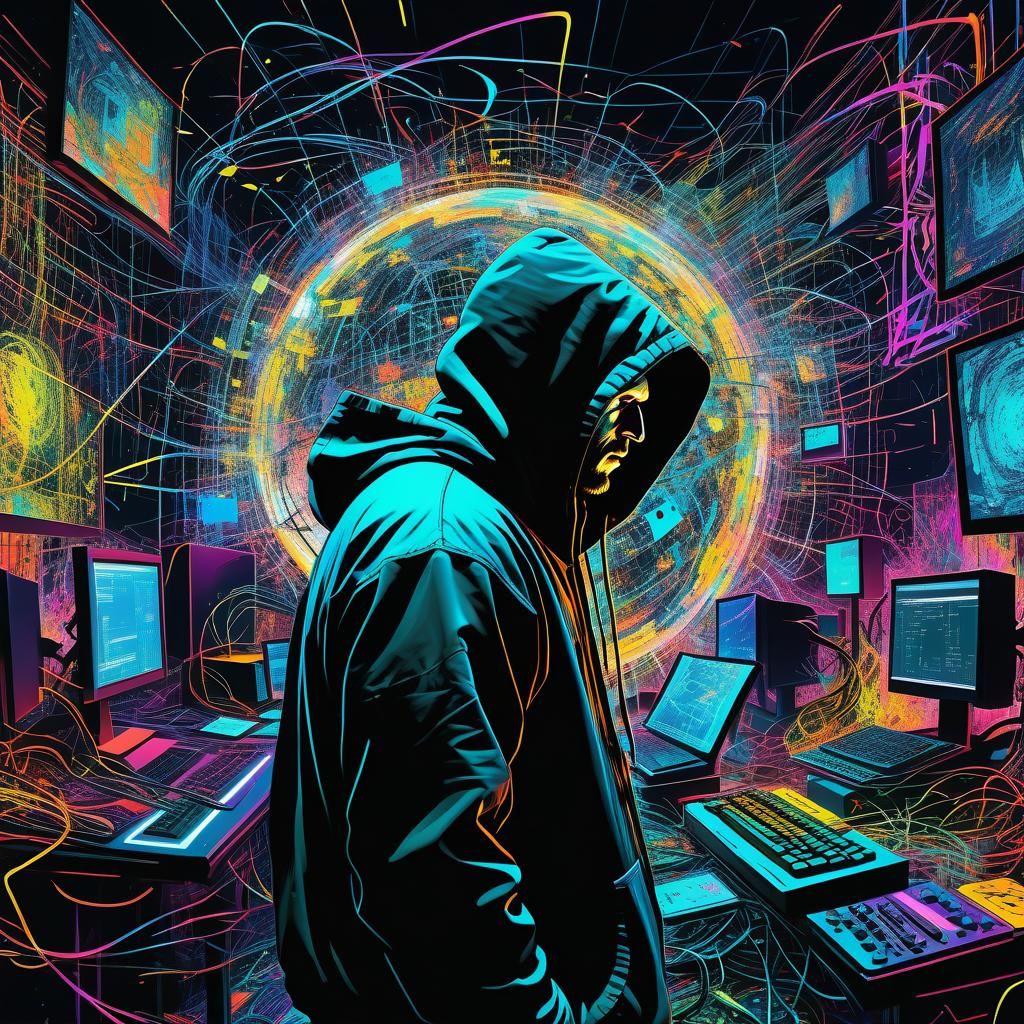 Cyberpunk Hacker with a streaming, neon-lit DataMist, cloake...