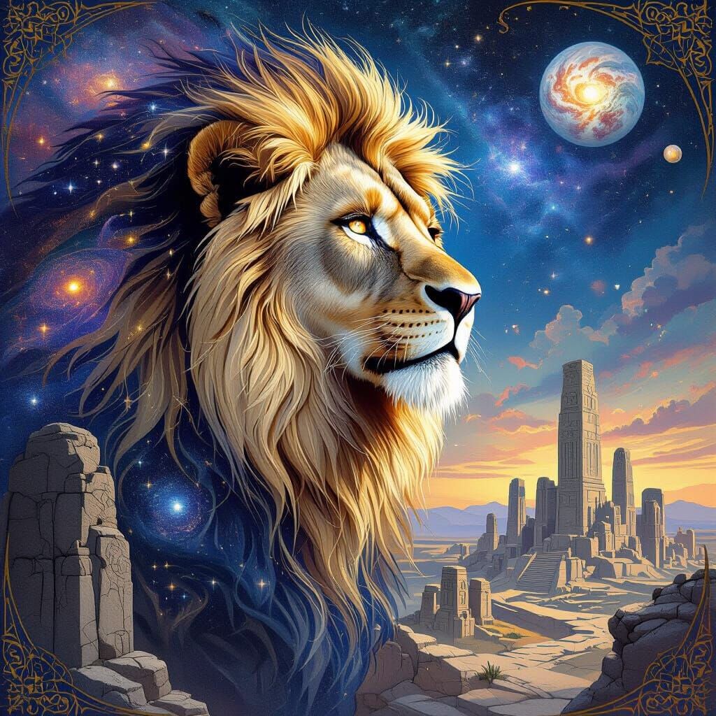 Cosmic Lion Over Ancient City in Art Nouveau Style