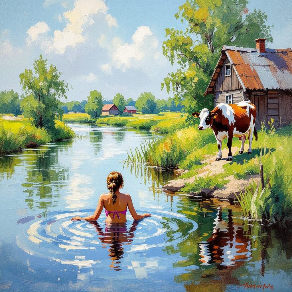 Village River Rescue in Gouache Style