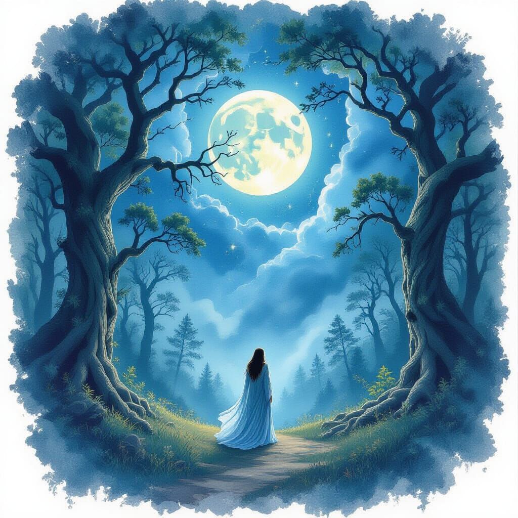 Mystical Goddess in Moonlit Forest Clearing