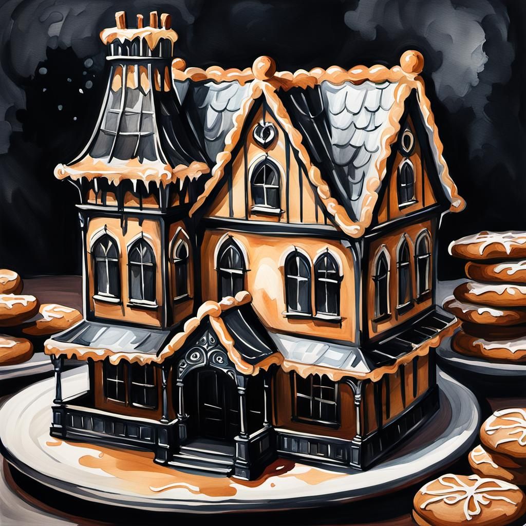 Gothic Gingerbread Mansion in Watercolor Gouache Style