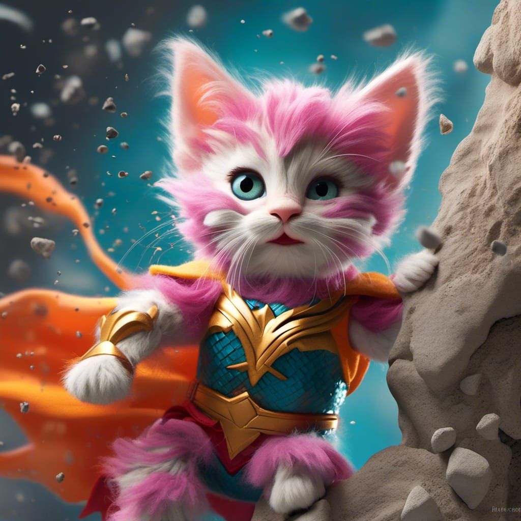 Kitten Superhero Rips Through Wall in Comic Art