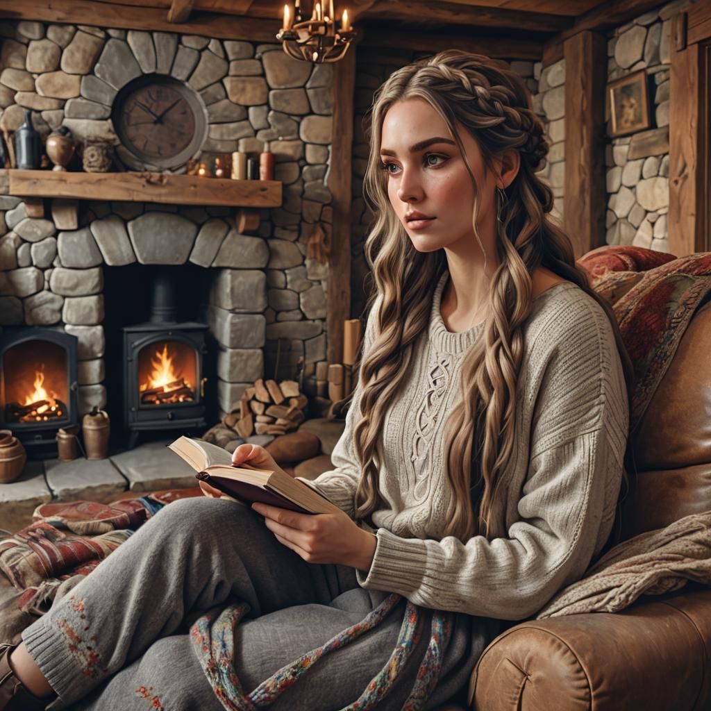 Cozy Cottagecore Scene: Woman Reading by Fire