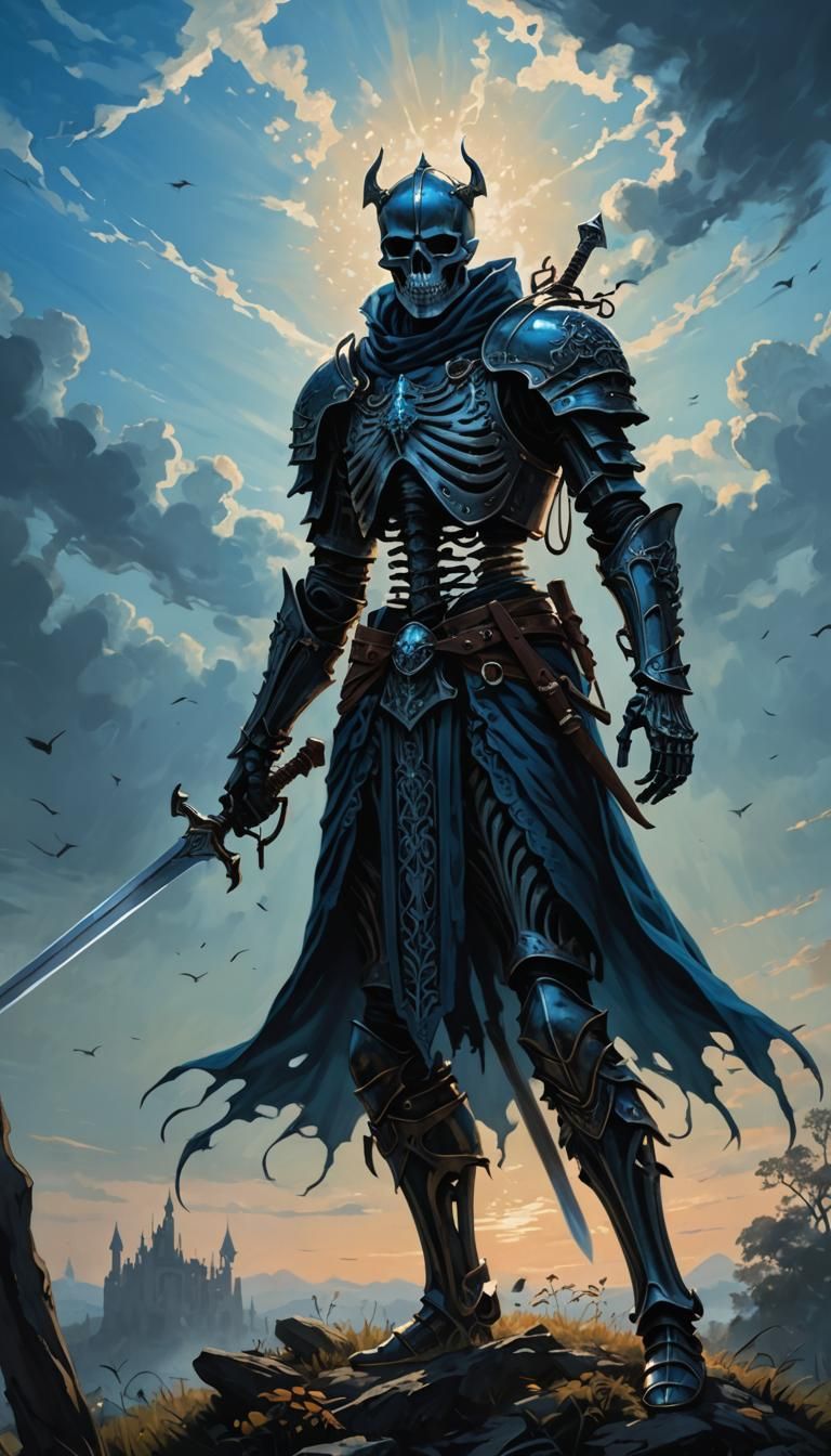 Ethereal Skeletal Knight Wielding Sword in Blue Sky