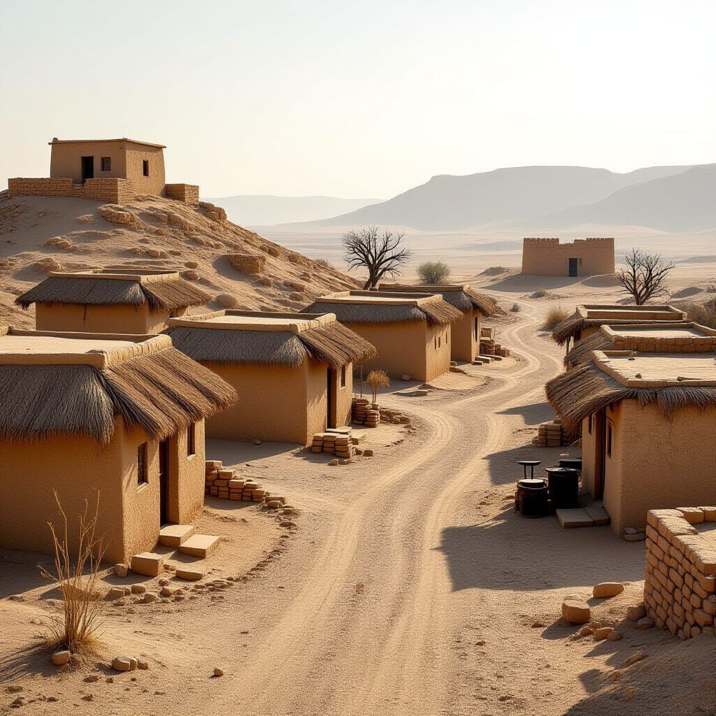 Ancient Assyrian Hamlet in Desert, Sharp Focus Photograph