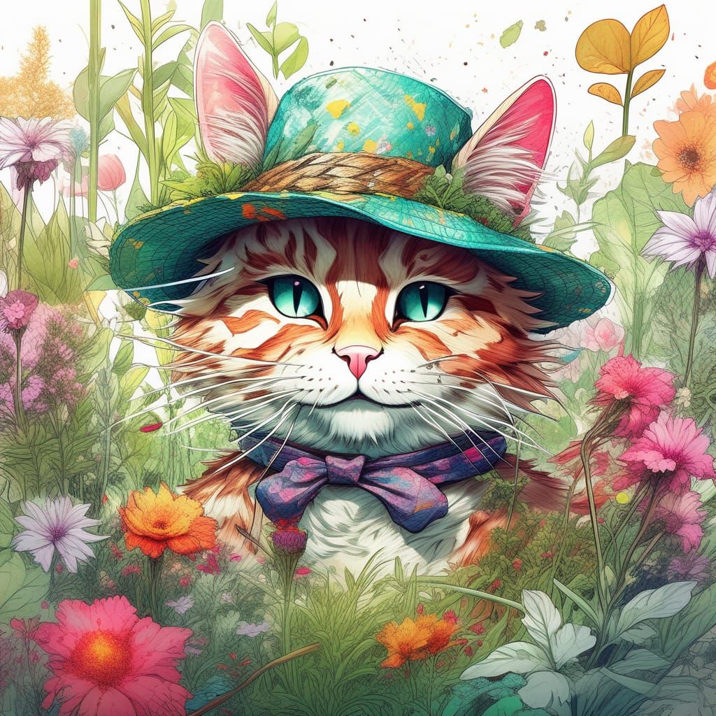 Anthropomorphic Gardener Cat in Lush Anime Garden