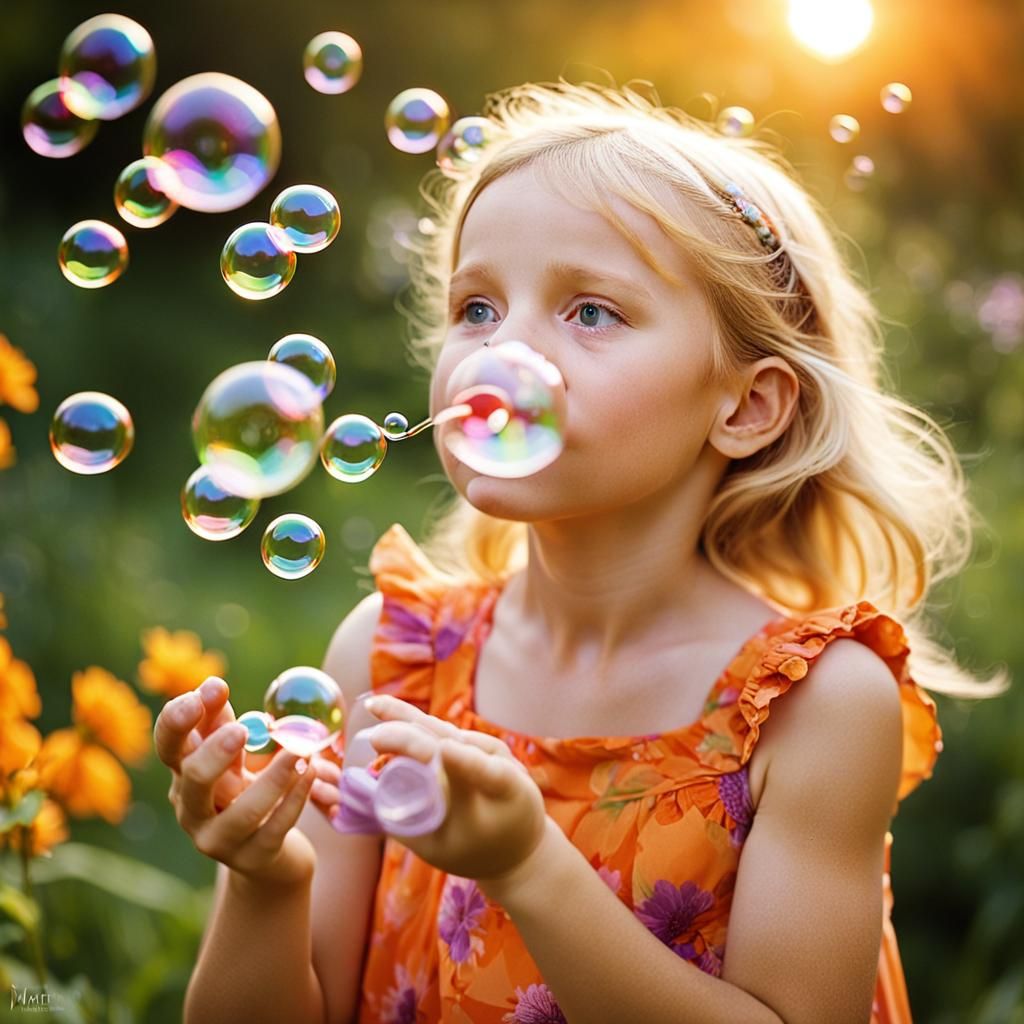 Girl Blowing Bubbles in Sunset Garden Portrait