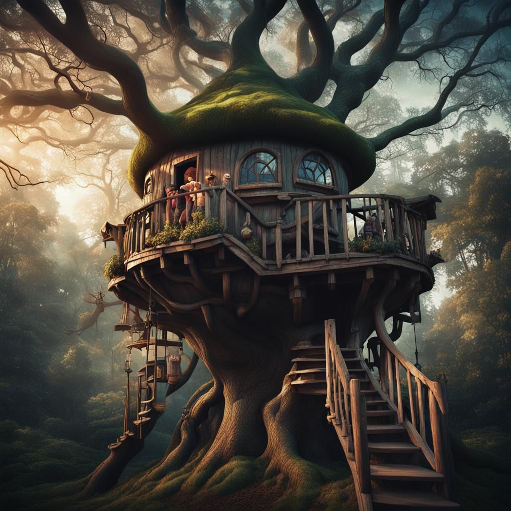 Cinematic Treehouse Shaped Like a Witch's Cauldron