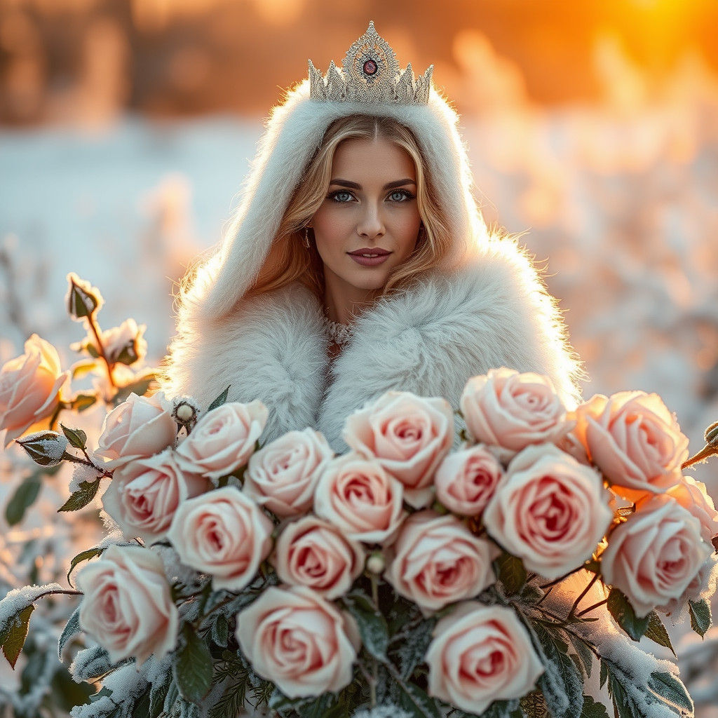 Snow Princess Among Frost Roses: Ethereal Winter Photography