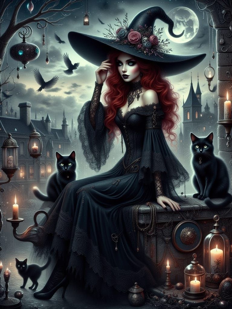 Gothic Witch in Paris Cityscape with Cats