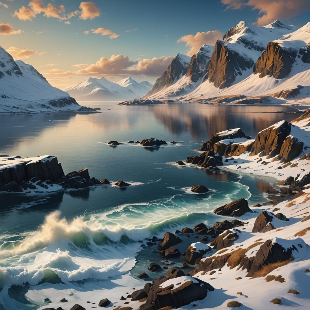 Scottish Coast Digital Painting with Snow and Blue Sky