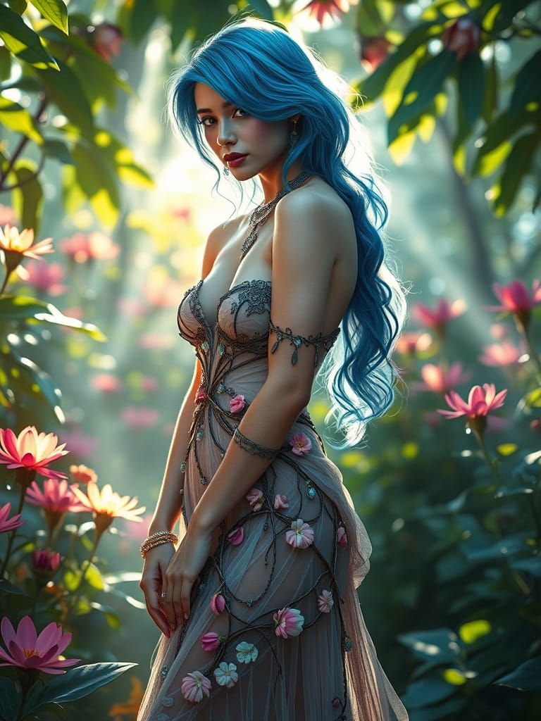 Ethereal Blue-Haired Beauty in a Magical Garden