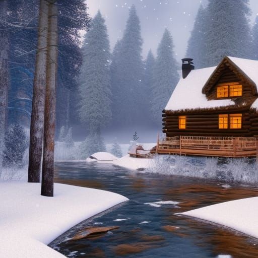 Cozy Winter Cabin in Snowy Landscape