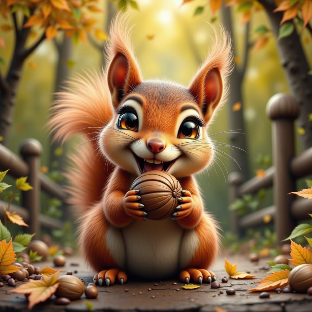 Smiling Squirrel with Walnut on Bridge