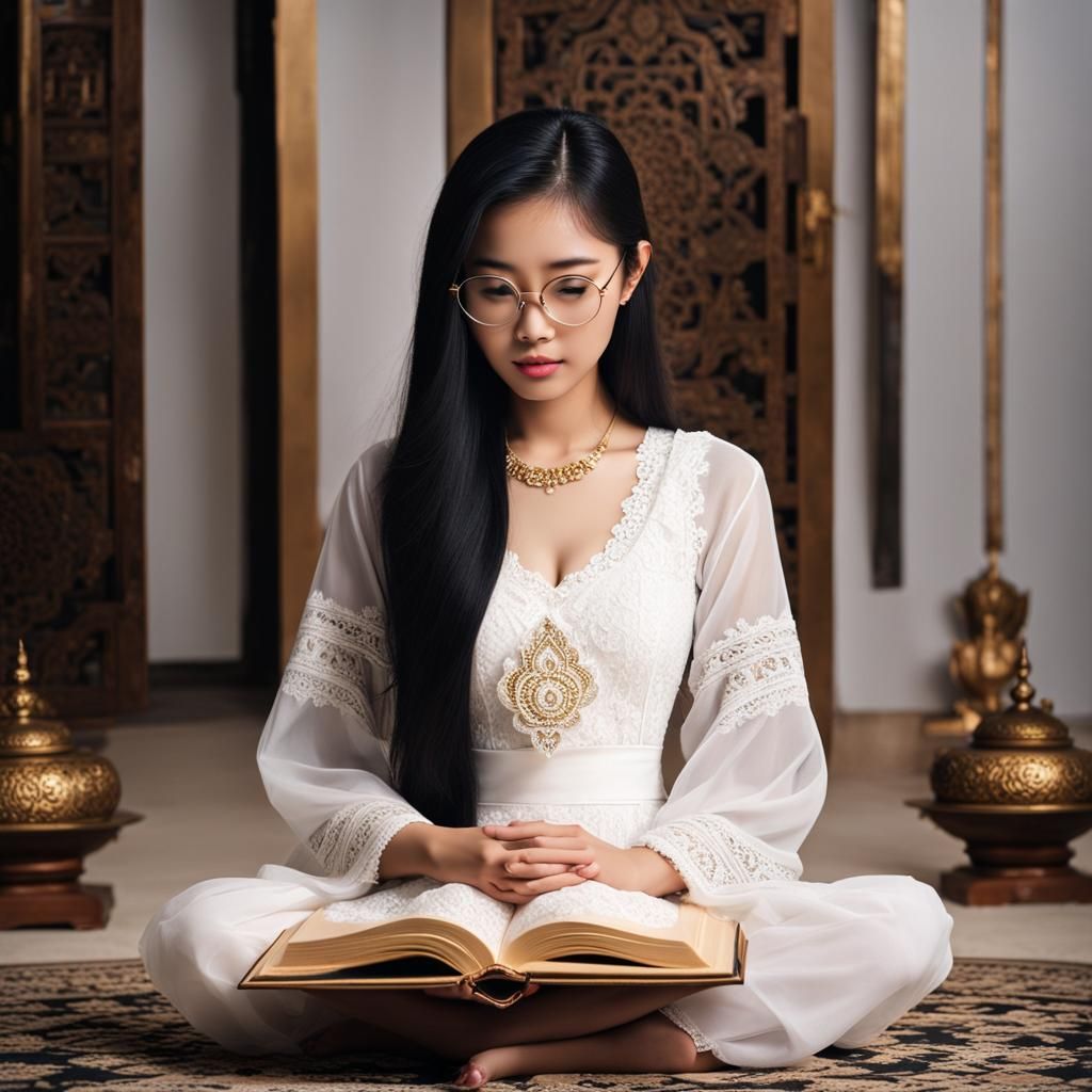 Meditating Thai Woman in Temple, 3D Digital Painting