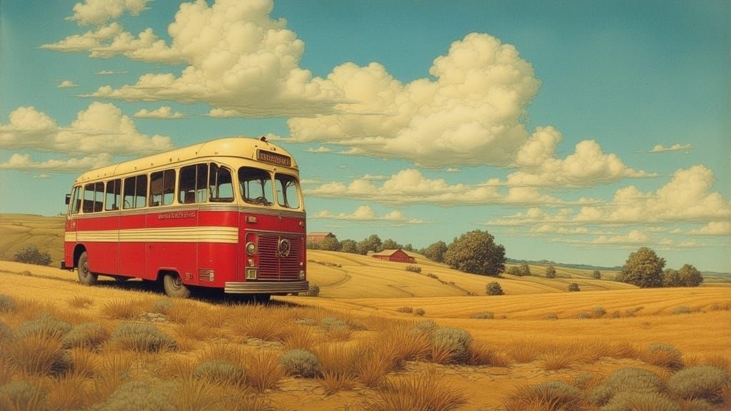 Nostalgic Farmland Bus in Warm Painterly Style
