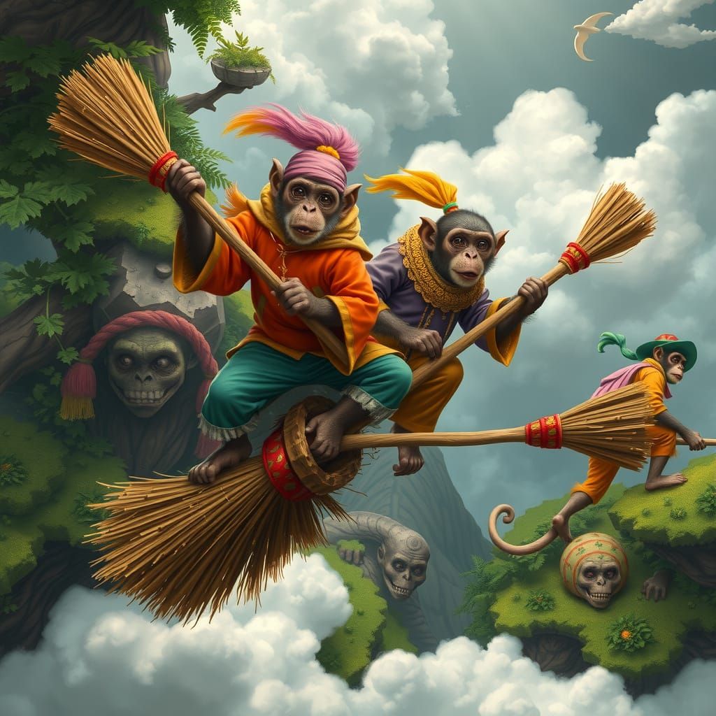 Whimsical Monkeys Soaring Through Fantasy World