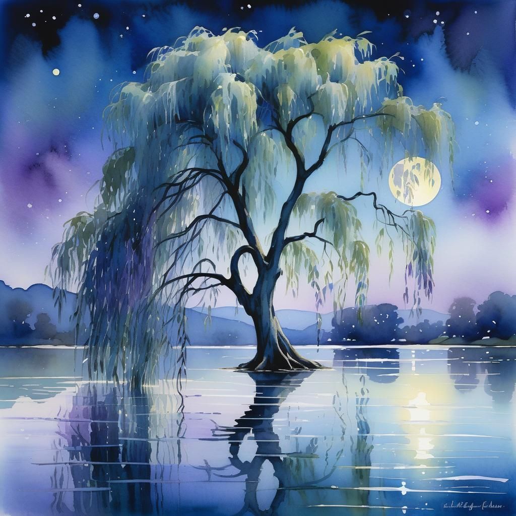 Dreamy Weeping Willow in Watercolour on Moonlit Lake