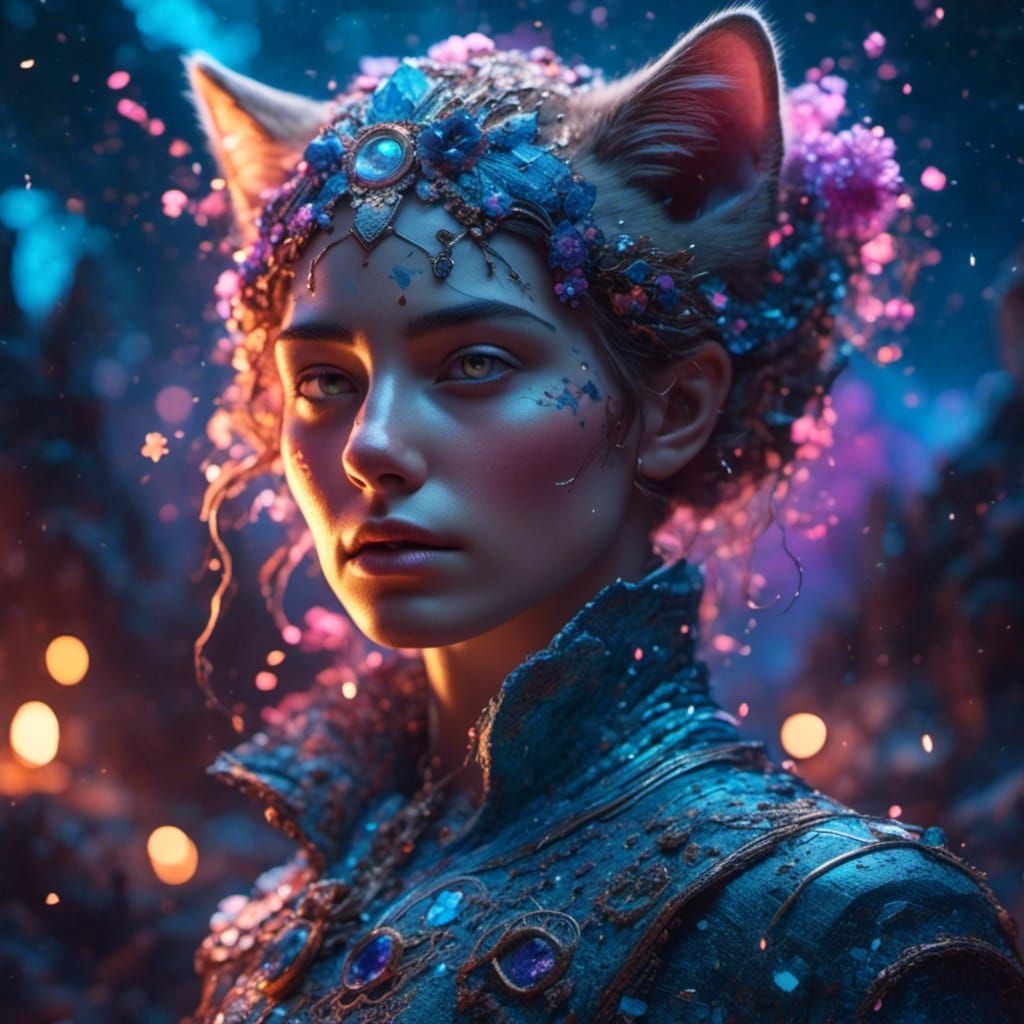 Sparkling Cat Portrait in Hyperdetailed Digital Art Style