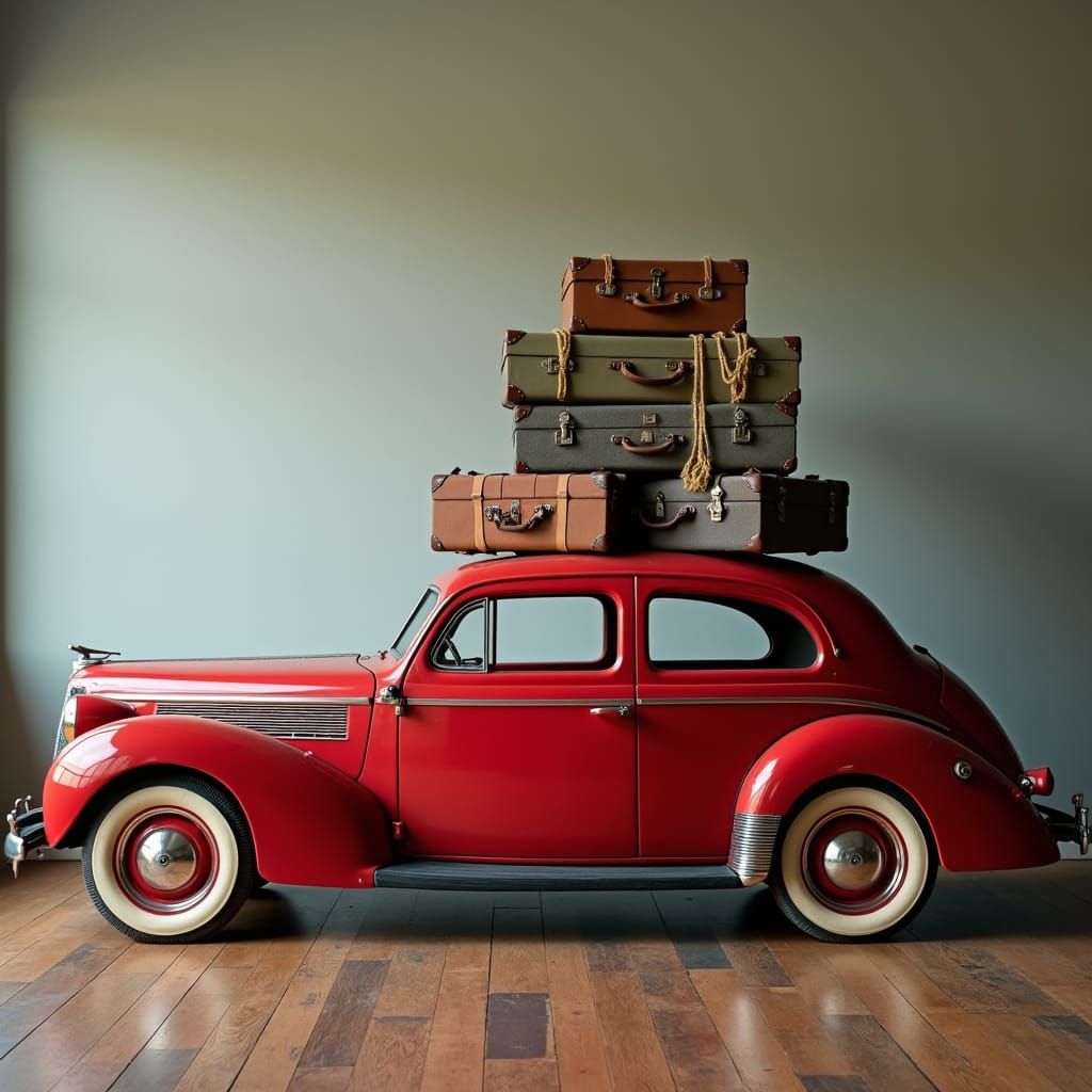 Vintage Red Car with Luggage Stack