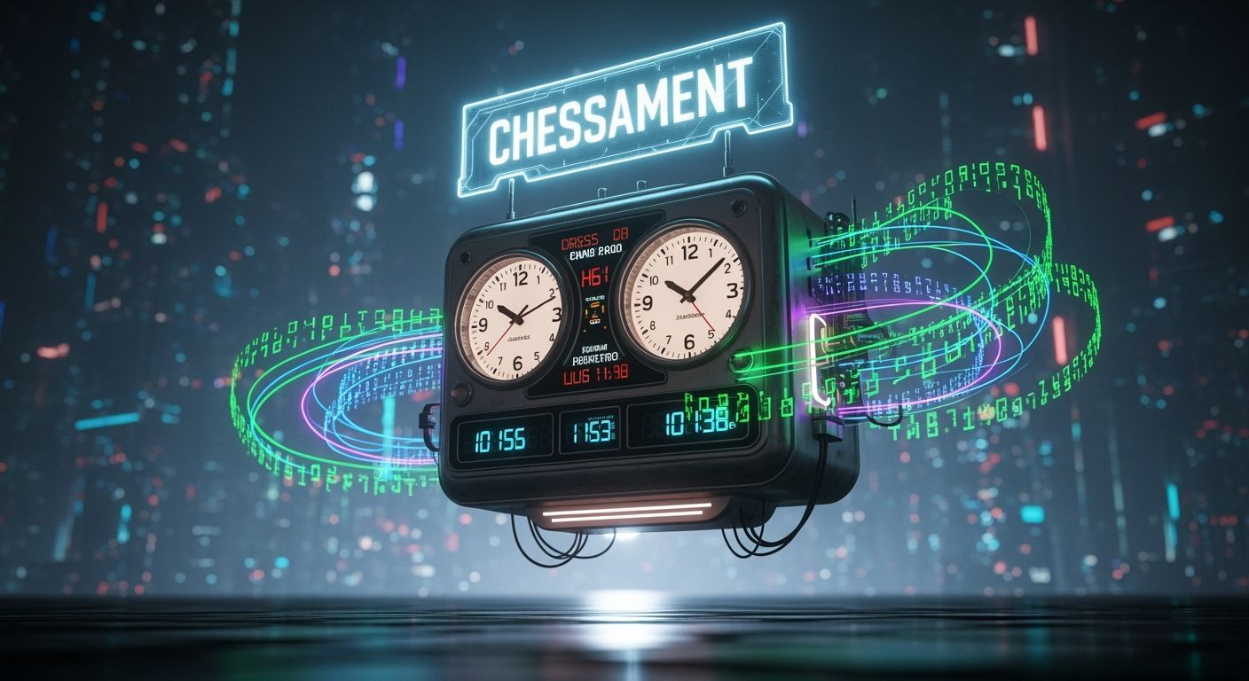 Retro-Futuristic Chess Clock in Neon Cyberpunk Environment