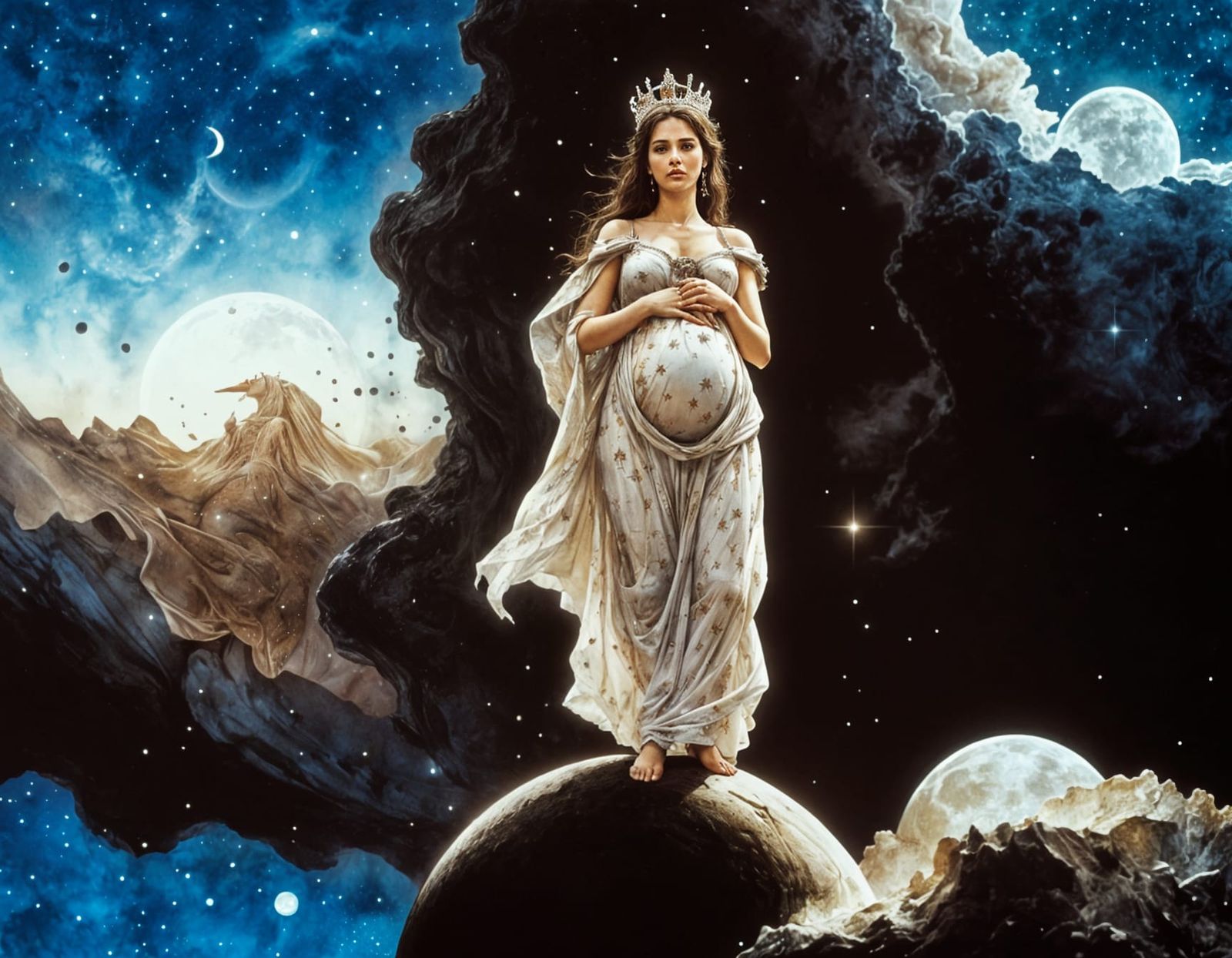 Pregnant Woman with Star Crown on the Moon