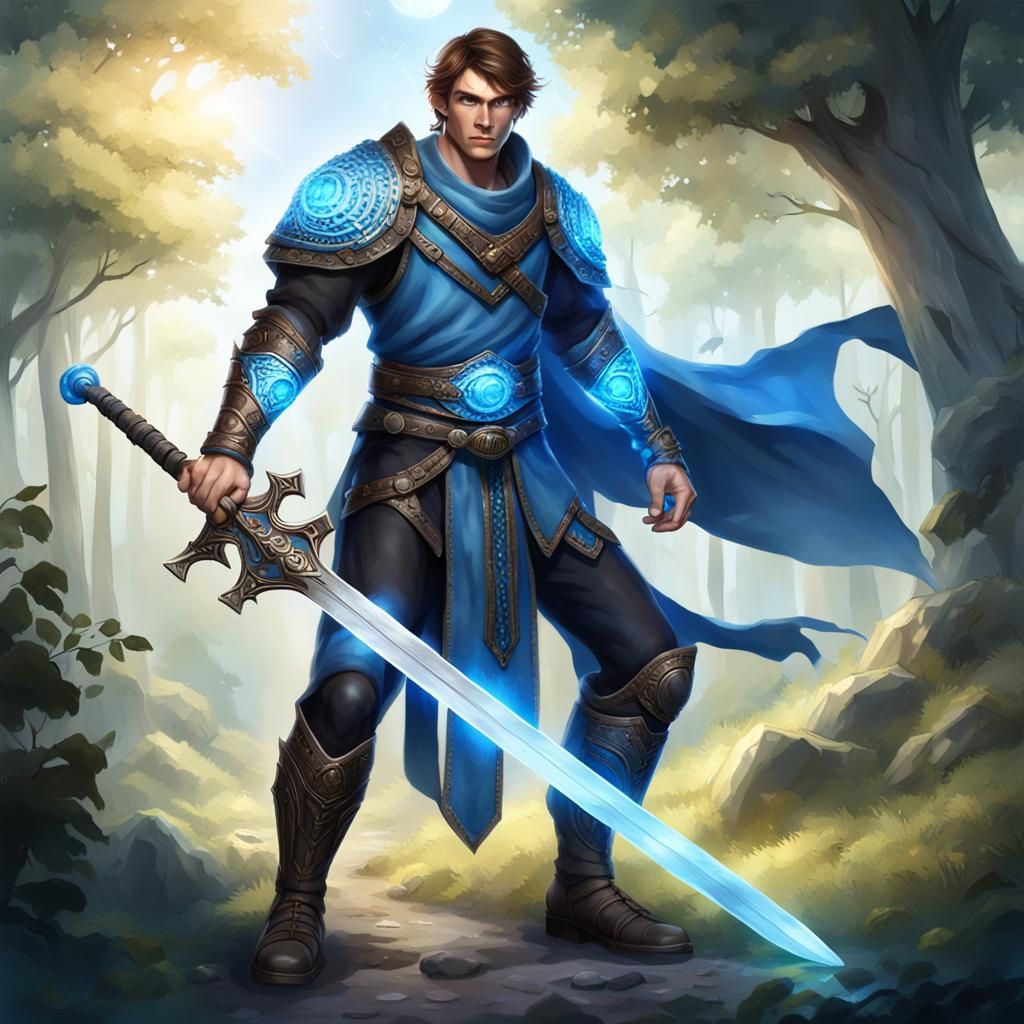 Realistic Male Humanoid Giant with Glowing Sword